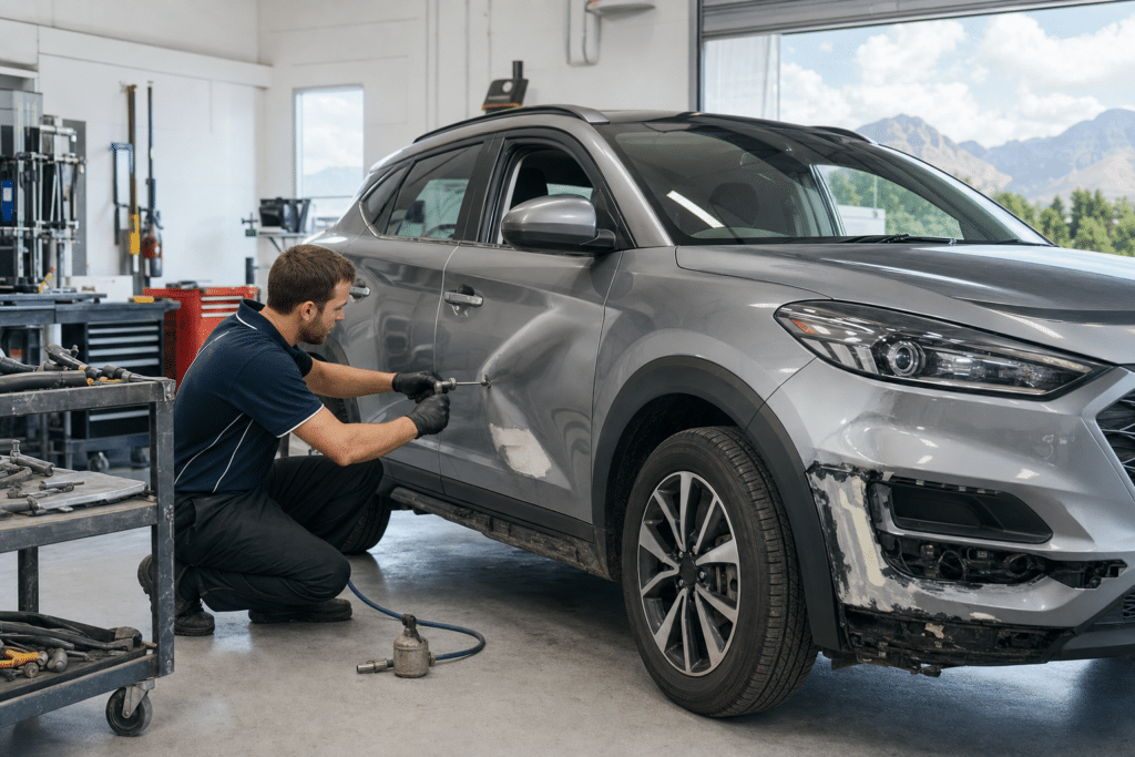 Panel beating workshop repairing car damage in New Zealand