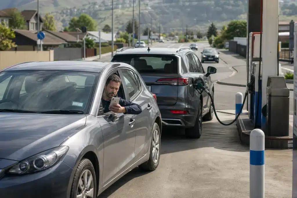 Petrol cars at a New Zealand petrol station before road user charge changes