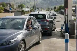Petrol cars at a New Zealand petrol station before road user charge changes